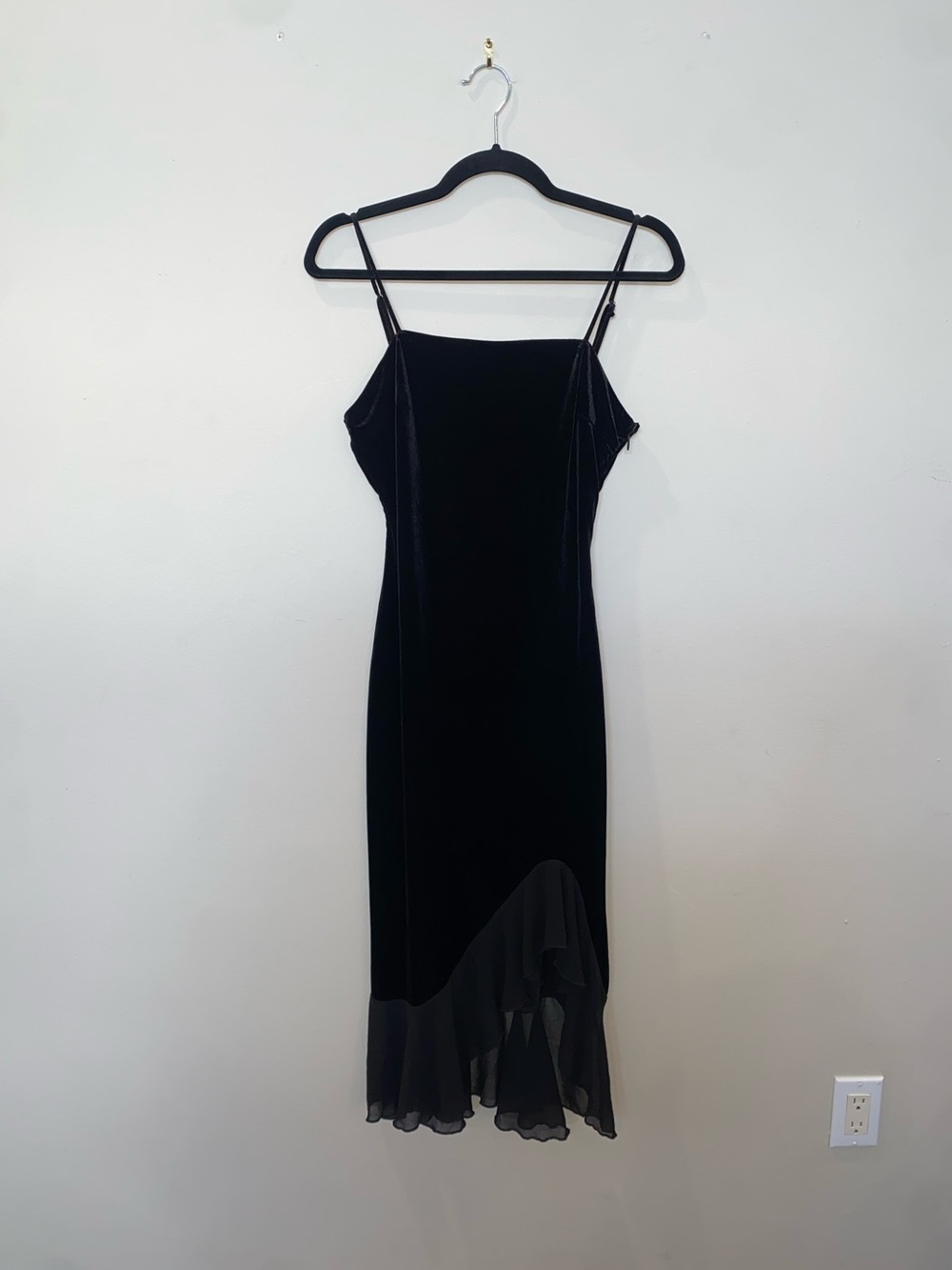 Lulu's Mysterious Charm Black Velvet Bodycon Midi Dress with Sheer Ruffle Hem